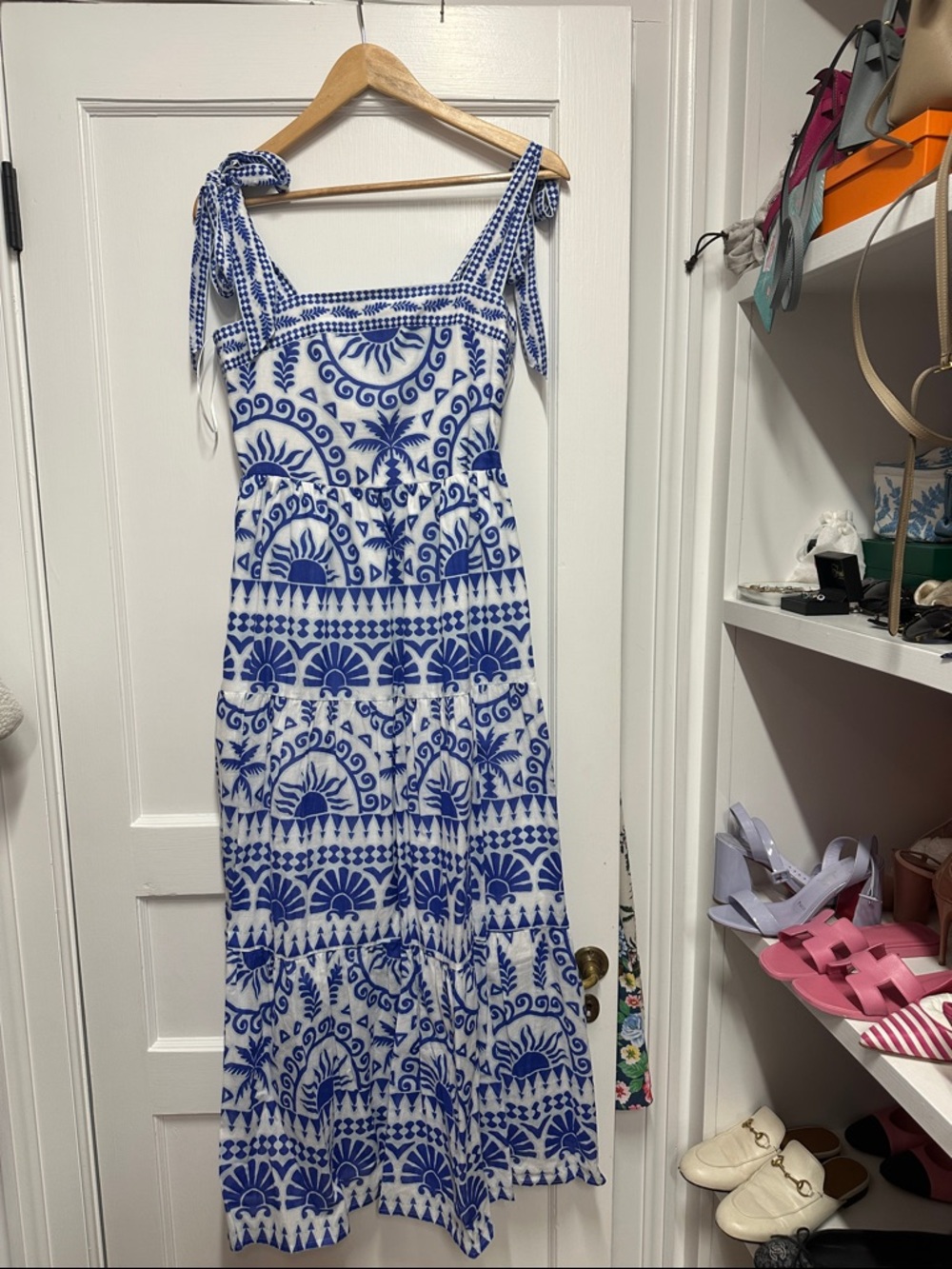 Sugarlips White Maxi Dress with Blue Botanical Print and Tie Shoulders